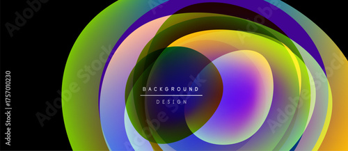Abstract colorful layers create dynamic circular design. Gradient hues blend, forming vibrant background element. Text reads background design.