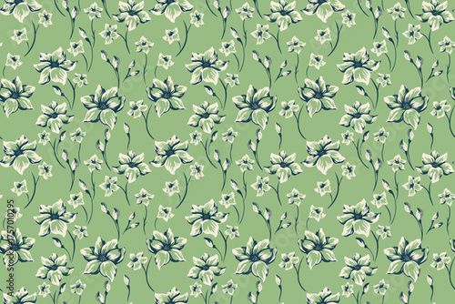 Seamless floral vector pattern with elegant hand drawn lilies and buds in dark green and cream tones on a soft green background. Ornament for fabric, wallpaper, and packaging design