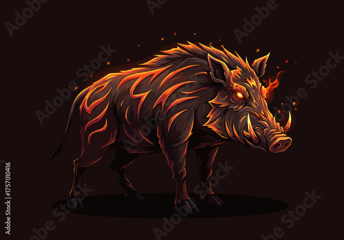 Fierce Boar Illustration with Flames and Ember Details on Dark Background