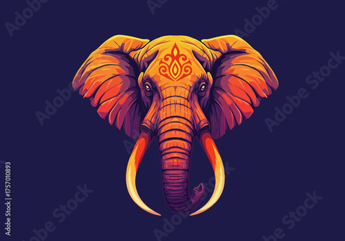 Vibrant illustration of an elephant's head with intricate designs and patterns in warm tones on a dark background from a frontal viewpoint
