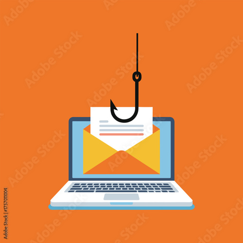 Fishing hook over laptop with open email and document phishing scam