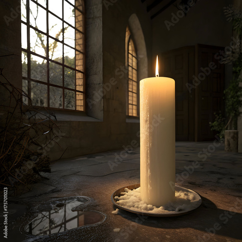tall candle lit at the center
