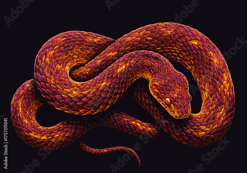 A vibrant red and orange snake coils around itself on a black background, viewed from a close-up perspective.