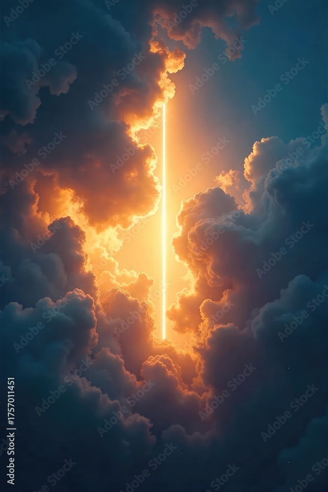 Fototapeta premium A single ray of light pierces through dark clouds, symbolizing hope and divine intervention, a powerful image of spiritual awakening and redemption , hope, light
