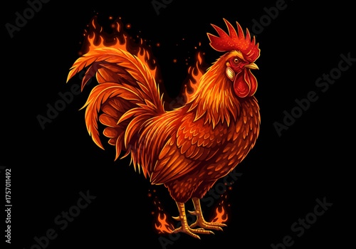 Fierce rooster engulfed in flames stands proudly on black background, illustration, vibrant, fiery