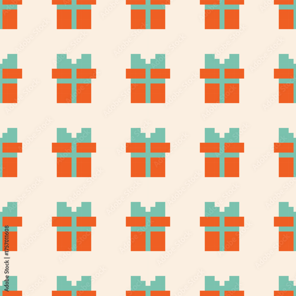 Fototapeta premium Pixel Art Seamless Gift Box Pattern Vector Illustration. Perfect for holiday, birthday, or festive designs, adding cheerful and playful elements.