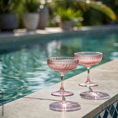 two vintage style pink glass coupe glasses placed