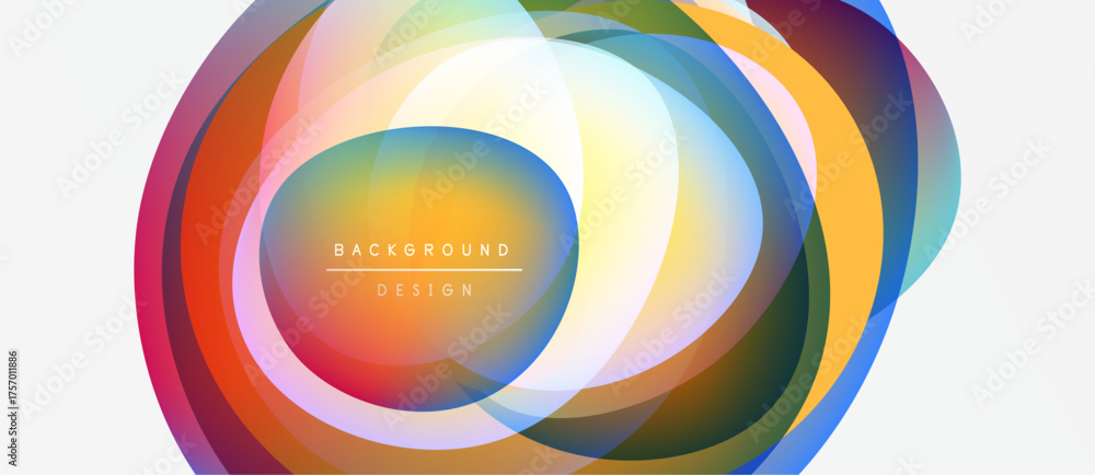 Obraz premium Abstract colorful circles overlap, creating vibrant visual effect. White background provides contrast, text reads background design.