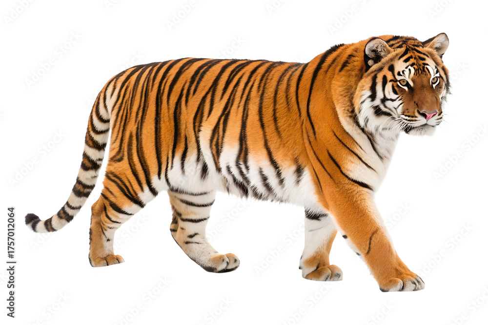 Fototapeta premium A magnificent tiger with bright orange and black stripes is calmly walking, an isolated transparent png showing the powerful wild animal.