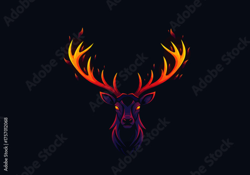 Vibrant stag head illustration with glowing eyes and fiery antlers on dark background viewed from front