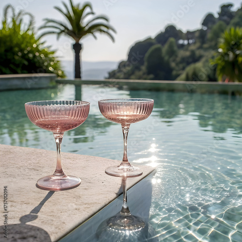 two vintage style pink glass coupe glasses placed