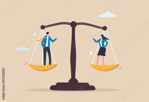 Gender equality, workplace fairness, justice or law, diversity corporate employee, comparison or balance scales, equilibrium concept, businessman and businesswoman colleagues on balance equal scales