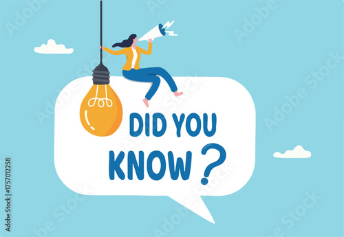 Did you know, fun fact, idea or advice message, useful knowledge or wisdom, expert information, explanation or solution, useful tips concept, woman talk on megaphone on did you know speech bubble
