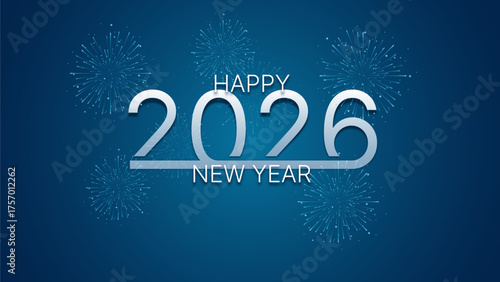 Typography Happy New Year 2026. Shiny silver color and realistic embossed effect.	