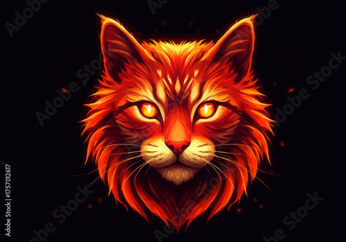 Fiery Feline Portrait with Intense Golden Eyes on Black Background.