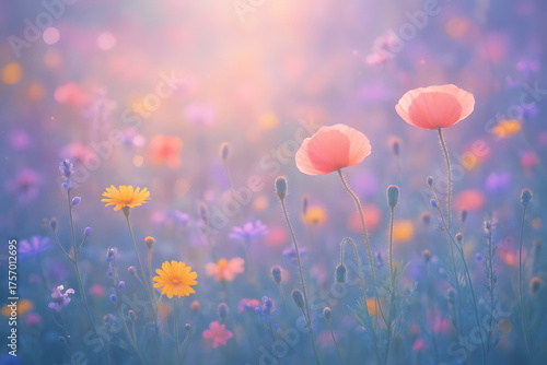 Soft pastel-colored wildflowers in gentle sunlight with dreamy bokeh background, symbolizing spring, freshness, and peaceful nature beauty..
