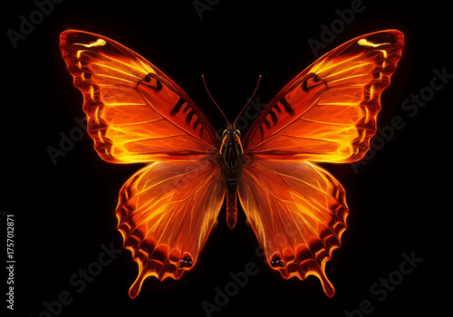 Vibrant Orange Butterfly with Intricate Wing Patterns on Black Background.
