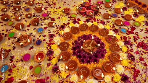 Oil lamp Diyas burn during Diwali festival decorated with flower petals. Festival of lights.