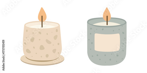 Candles scented vector illustration with minimalist design and soft tones. Terrazzo glass and ceramic boho home decor for spa or living room styling. Modern candle set by hand drawn design.