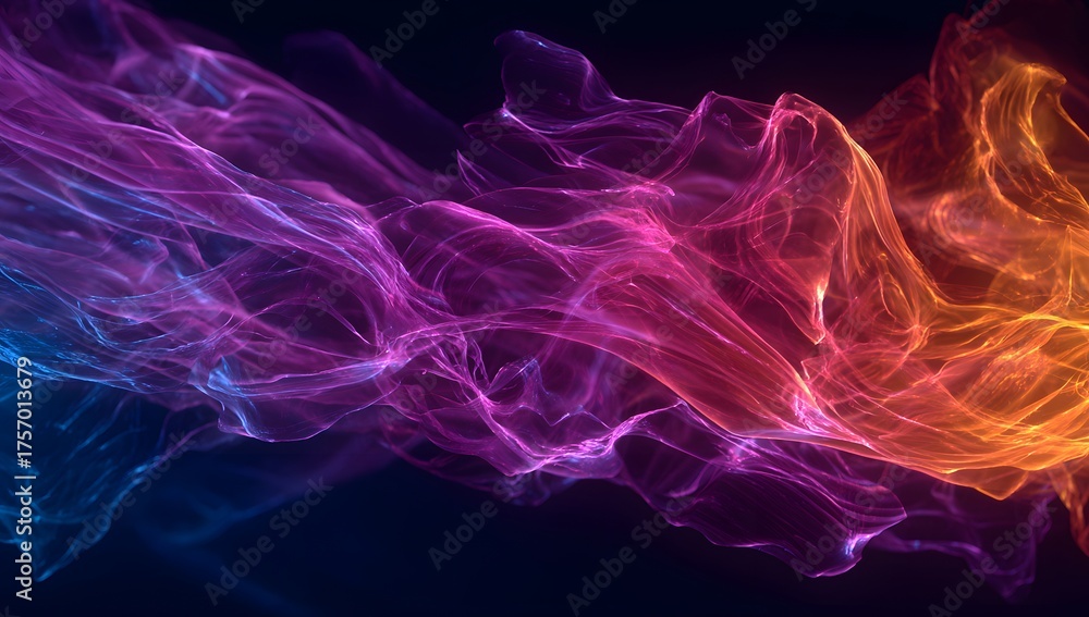 Fototapeta premium Vibrant swirling clouds of luminous colored smoke in shades of purple pink orange and blue against a dark background creating an abstract ethereal flow