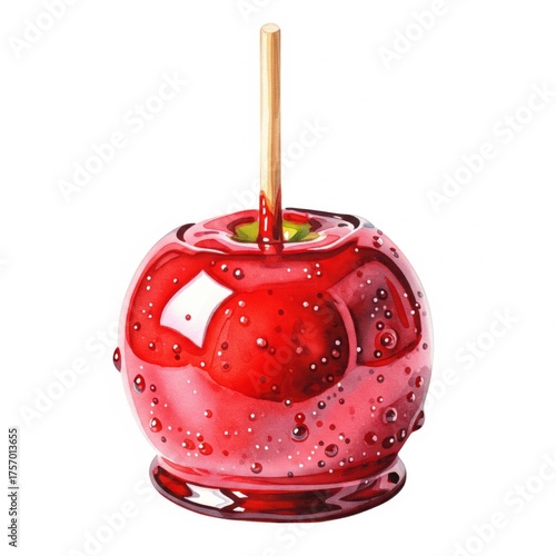 Isolated Red Candied Apple with Stick and Water Droplets on White Background