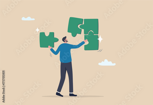Solve puzzle problem, think of solution, finish or accomplishment, creativity idea or challenge, connect jigsaw piece to resolve work or business trouble, complete jigsaw puzzle