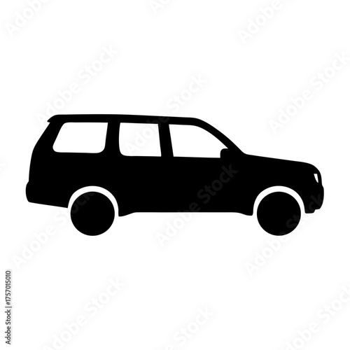 Vector art of silhouette of a black suv, showcasing its boxy design, roof rack, and sturdy wheels, perfect for outdoor adventures and family trips, conveying reliability and versatility