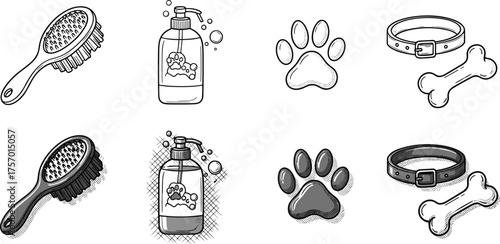 Pet grooming brush, shampoo bottle, paw print, pet collar, bone, hygiene accessories, animal care, veterinary supplies, dog cat essentials