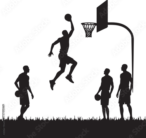 Black silhouette basketball players on grass court