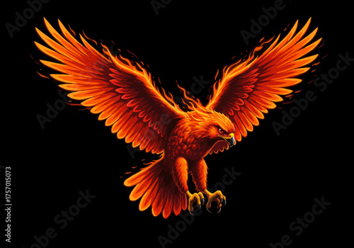 Fiery Phoenix Soaring with Wings Ablaze on Black Background.