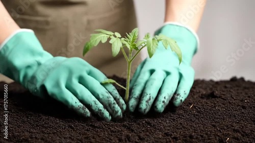 Person in Green Gloves Planting a Young Tomato Plant in Dark Soil Against a Neutral Background With Soft Lighting