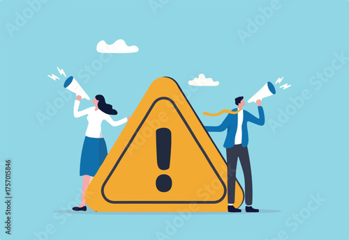 Important announcement, attention or warning information, breaking news or urgent message communication, alert and beware concept, business people announce on megaphone with attention exclamation sign