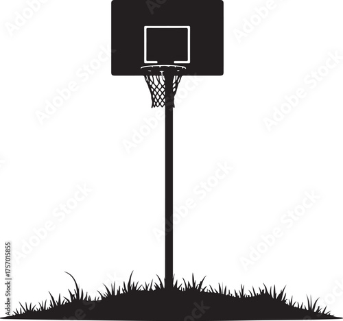 Black silhouette of a basketball hoop and net on a pole with grass 1