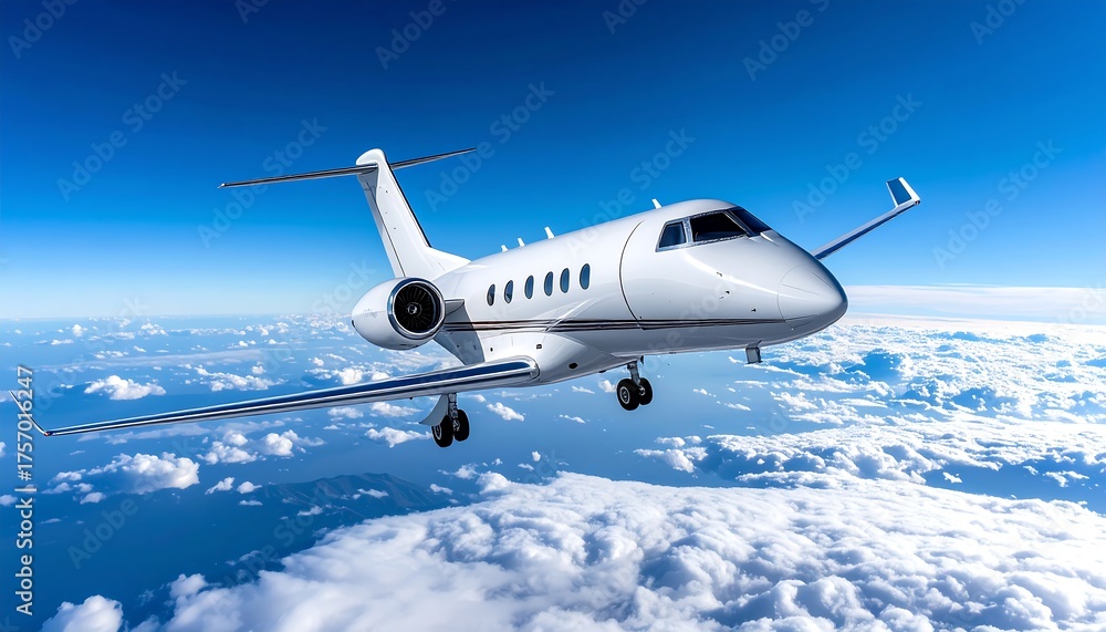 Obraz premium Sleek, white aircraft soaring high above a sea of fluffy clouds
