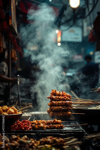 Street Food Delights Authentic Asian Cuisine Tempting Grilling Scene