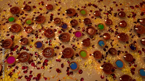 Oil lamp Diyas burning during Diwali festival decorated with flower petals. Festival of lights.