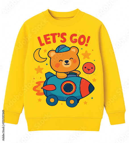 Cute Cartoon Bear Riding a Rocket Ship Let's Go Vector Illustration