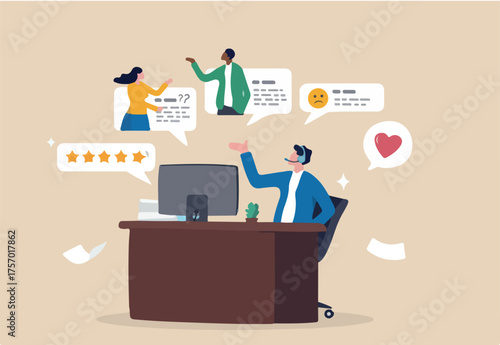 Customer service help solving problem, advice helpline or call center to support customer, operator to communicate with client provide solution, customer support staff help solving customer problems