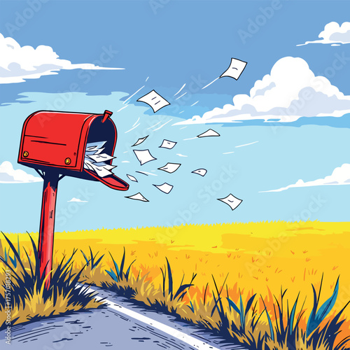 Vsai red mailbox losing letters in countryside wind
