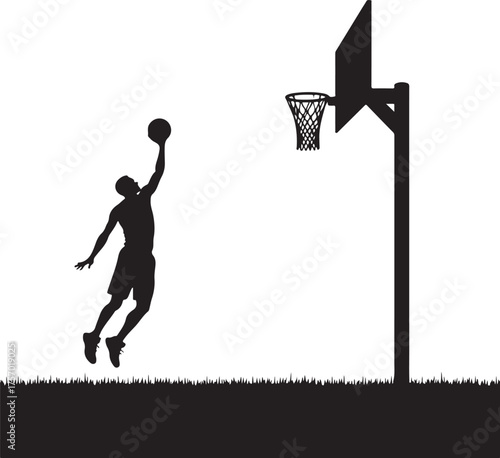 Black silhouette of basketball player dunking on white background
