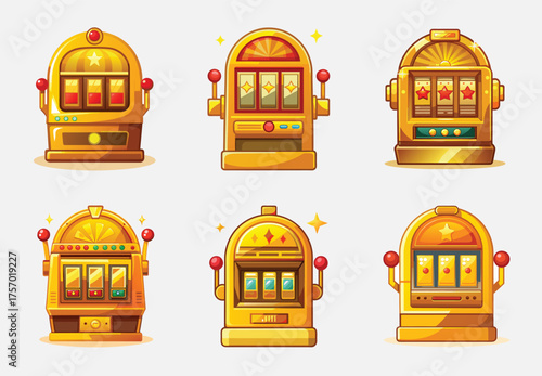 Collection of golden slot machines with different symbols and styles, vector art