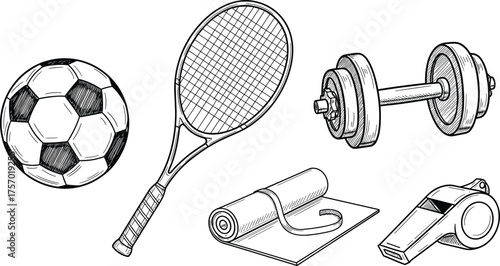 Sports equipment illustration, soccer ball, tennis racket, dumbbell, yoga mat, whistle, fitness gear, workout tools, athletic training, healthy lifestyle, exercise