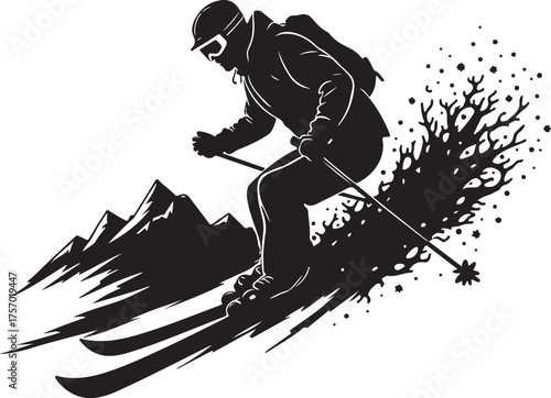 Black silhouette skier descending snowy mountain slope