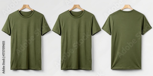 Three views of a plain olive green tshirt isolated on white background