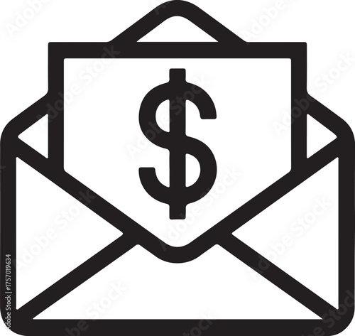 Open Envelope Dollar Icon An icon of an open envelope with a dollar sign inside, rendered in a simple black outline style.