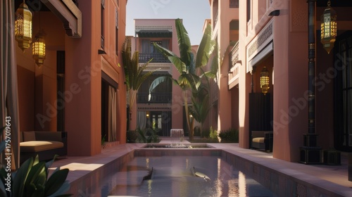 Luxury Pink Building Courtyard with Pool and Tall Green Palm Trees in Warm Sunset Light
