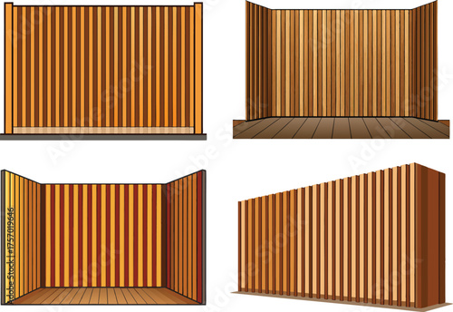 Four examples of wooden slat structures with different perspectives and colors