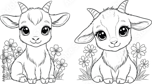 A black and white vector illustration featuring two adorable baby goats. The goats have large, expressive eyes and are depicted sitting amongst foliage. The style is reminiscent of a coloring book