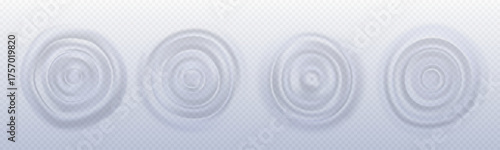 Water drop ripples set isolated on transparent background. Vector realistic illustration of abstract wave splash on surface top view, sound impact effect, round liquid shampoo, soap, cream swirls