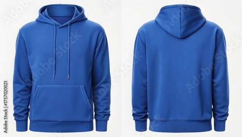Front and back view of a royal blue hooded sweatshirt with a front pocket and drawstring
